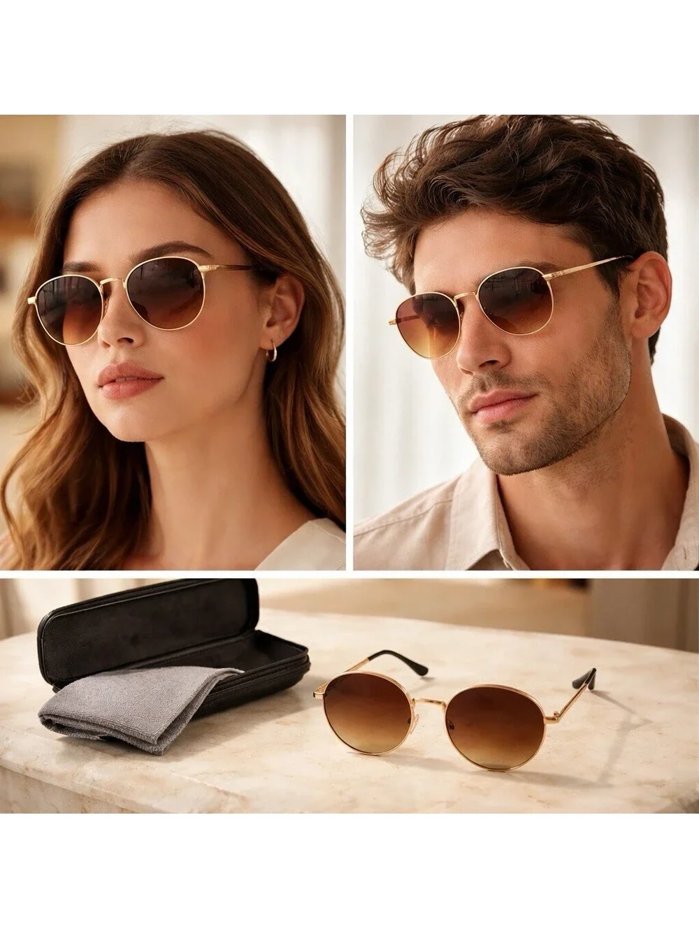 Retro Round Sunglasses Gold Metal Frame Brown Gradient UV400 Unisex New